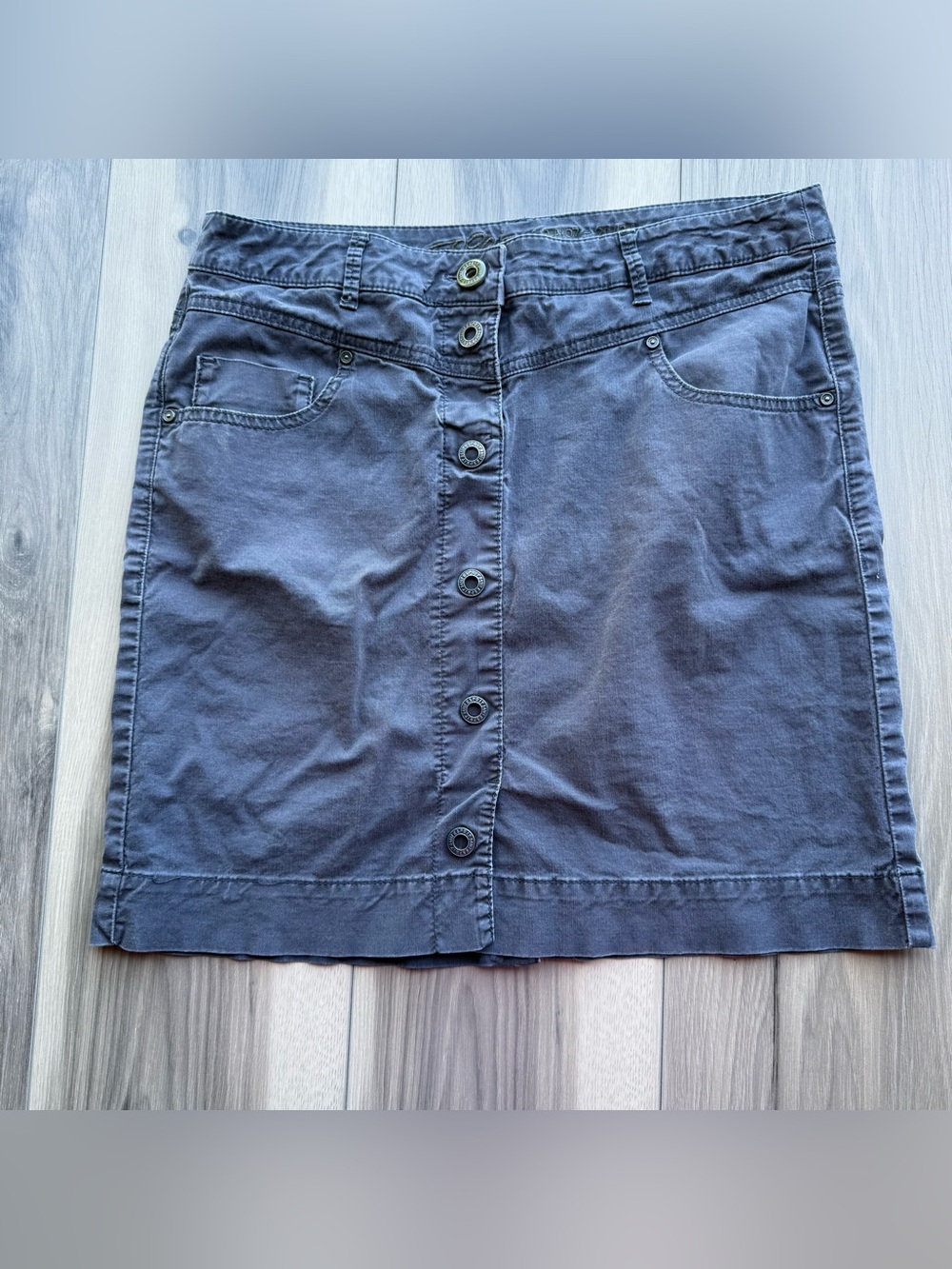 Vintage Esprit Button Front Denim Skirt Faded Grey Navy Blue Pockets size 8